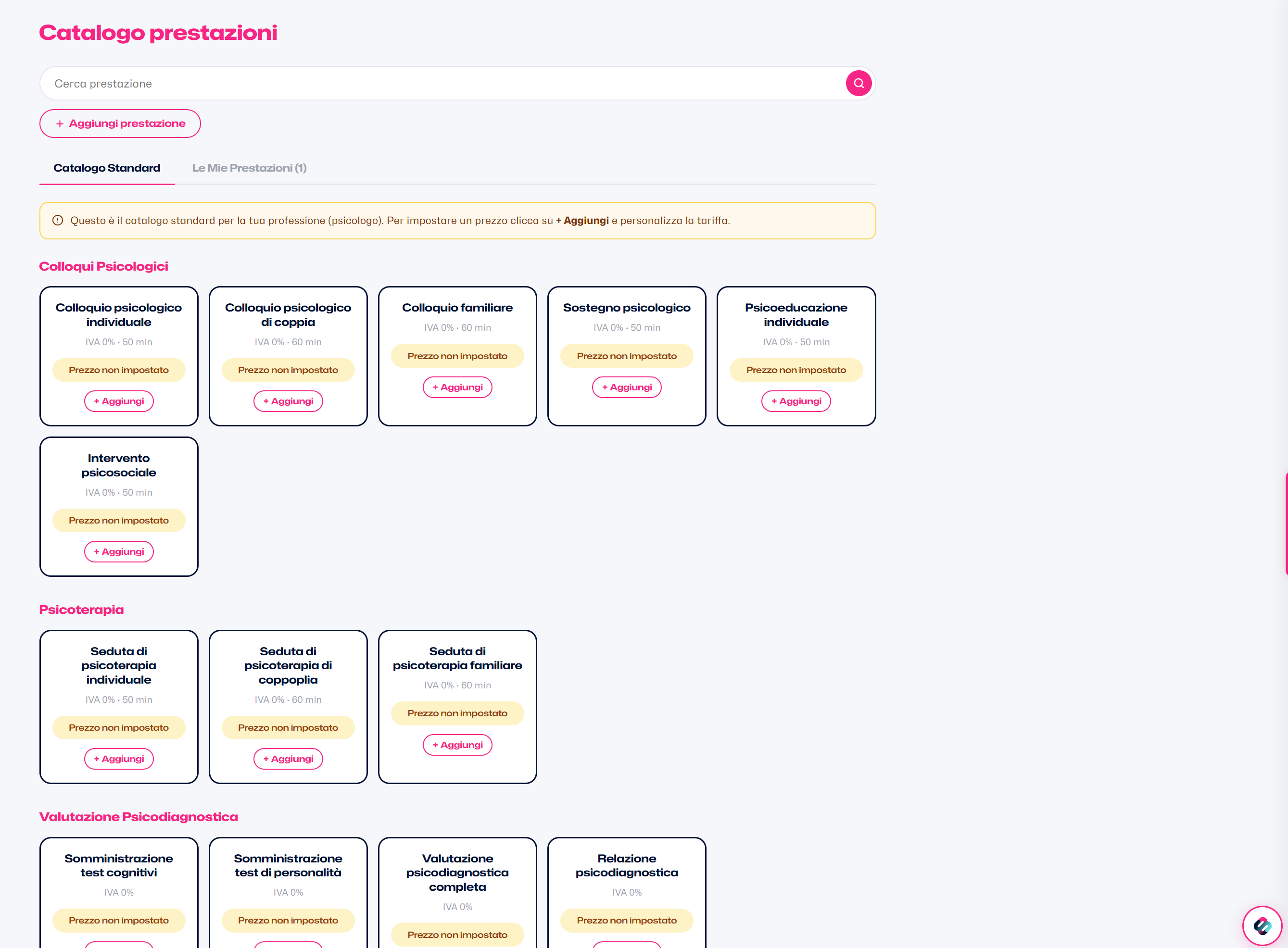 Catalogo prestazioni psicologo